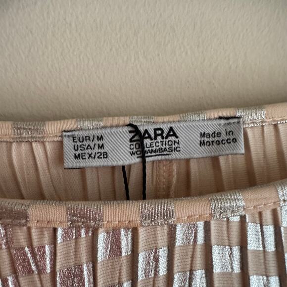 Zara Metallic Checkered Crinkle Ruffle Top Pink Silver Tiered Long Sleeve Sz M - Picture 3 of 5